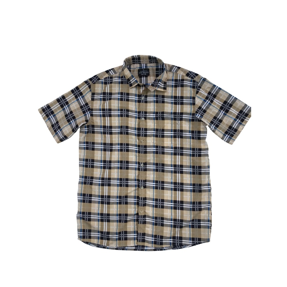 One Brand Mens XL Short Sleeve Button Down Shirt Tan Black Blue Plaid Polyester